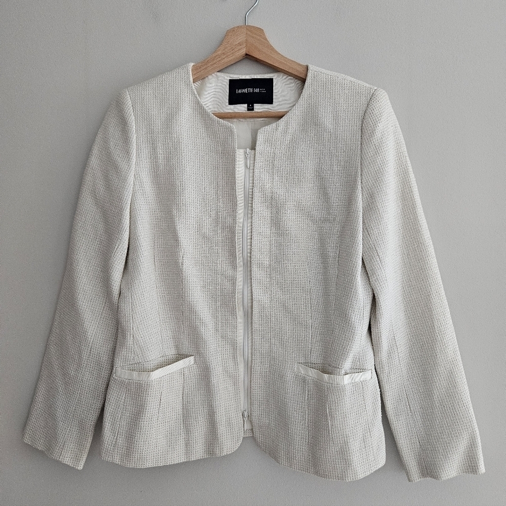 Lafayette 148 New York White Tweed Collarless Zip Up Blazer Size 4